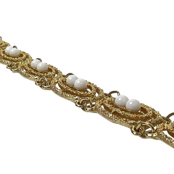 Sarah Coventry Gold Tone Bracelet Soft Swirl Textured Links White Beads Openwork - Picture 7 of 10
